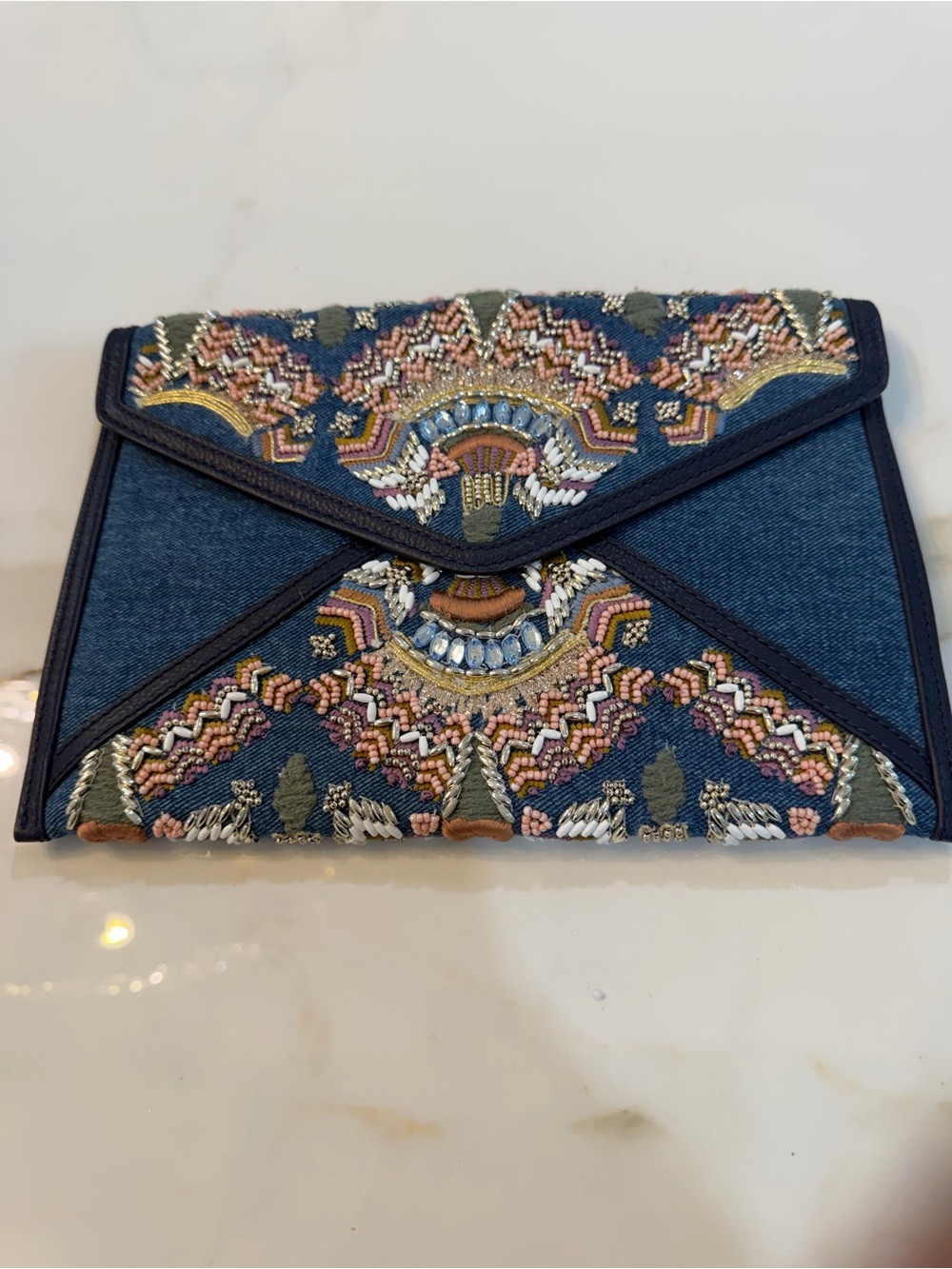 Rebecca Minkoff Leo Denim Embellished Beaded Envelope Clutch.